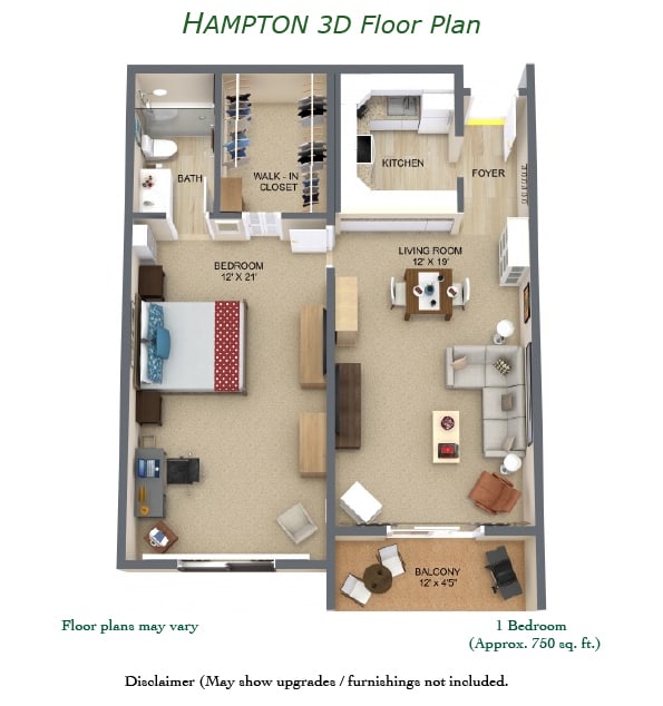 A 3D floor plan of a one-bedroom apartment featuring a kitchen, living room, and bathroom.
