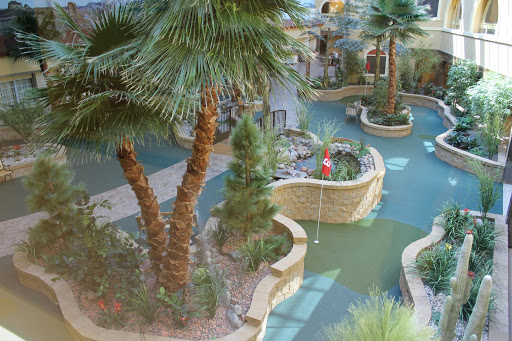 A serene garden view featuring lush palm trees and winding pathways.