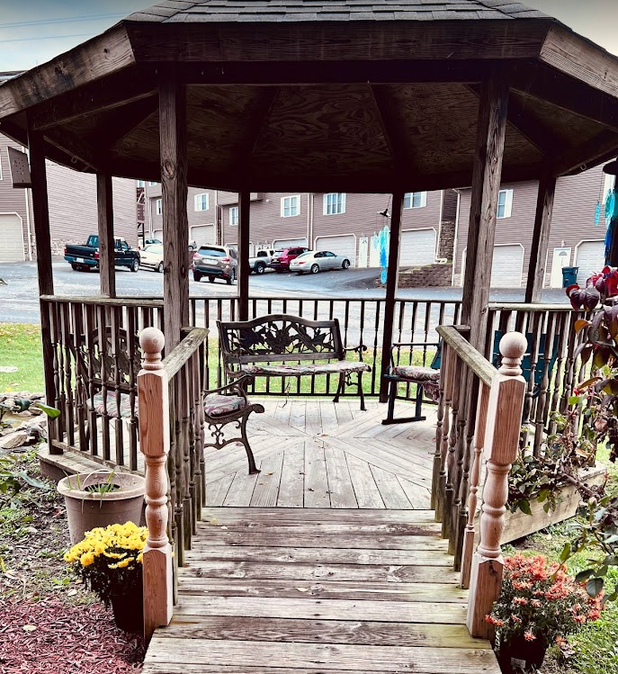 A wooden gazebo with benches, surrounded by plants and flowers in an outdoor setting.