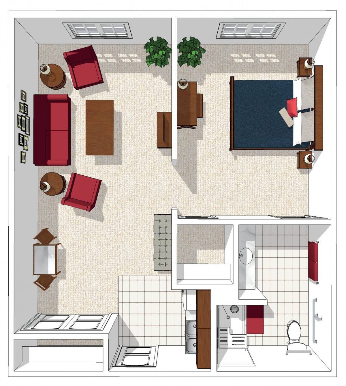 A detailed floor plan of a one-bedroom apartment featuring a living room, bedroom, kitchen, and bathroom.