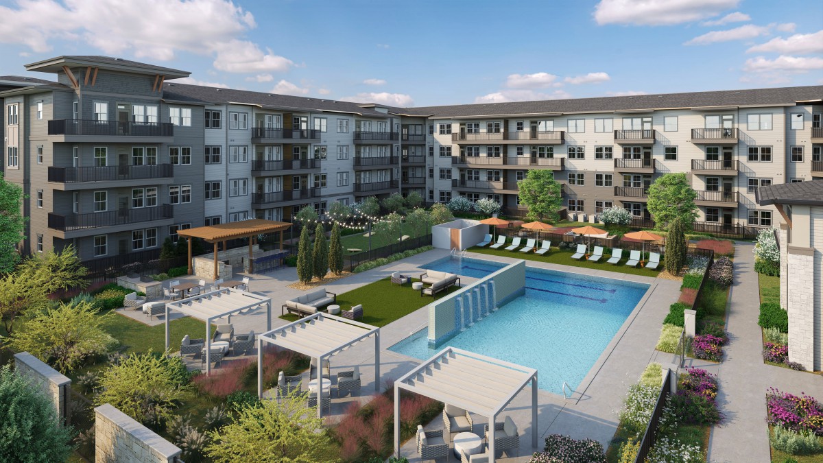 A modern apartment complex featuring an outdoor pool with lounge chairs, pergolas, and well-maintained landscaping.