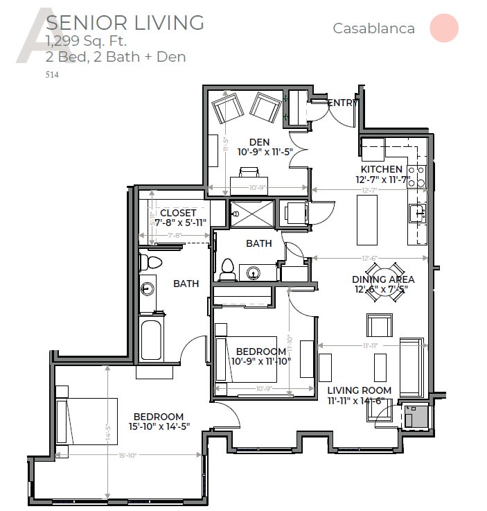 Floor plan of a senior living apartment featuring 2 bedrooms and 1 bath.