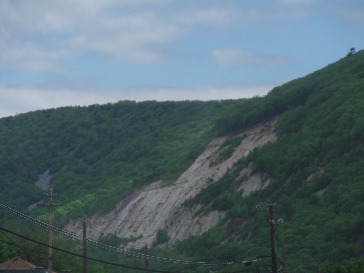 A scenic view of a hillside with lush greenery and patches of exposed rock under a partly cloudy sky.