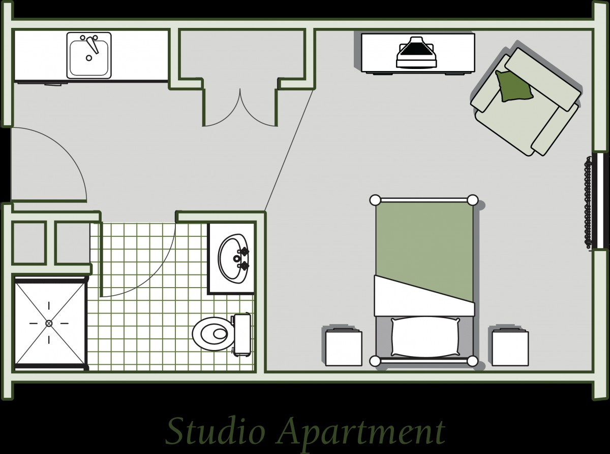 Floor plan of a studio apartment with designated areas for living and bathroom.