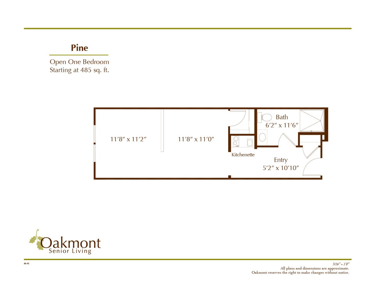 Floor plan of a one-bedroom unit with specific room dimensions.