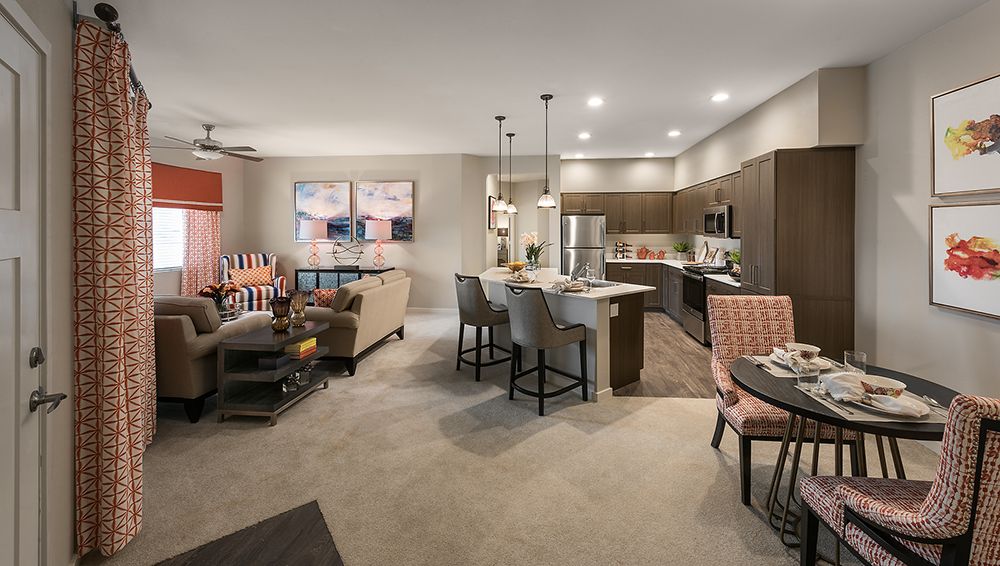 Modern open-concept living room and kitchen in an apartment with stylish interior decor.