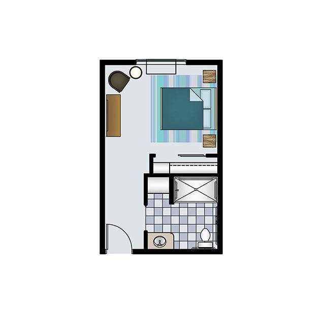 A studio apartment floor plan featuring a bedroom area, bathroom, and furniture layout.