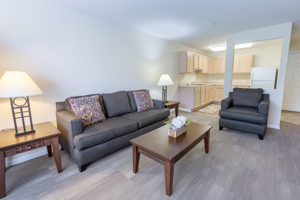 A modern open living room with a comfortable sofa set and a view of the kitchen area.