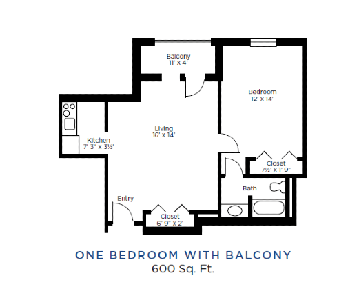 Floor plan of a 600 square foot, one-bedroom apartment with a balcony.