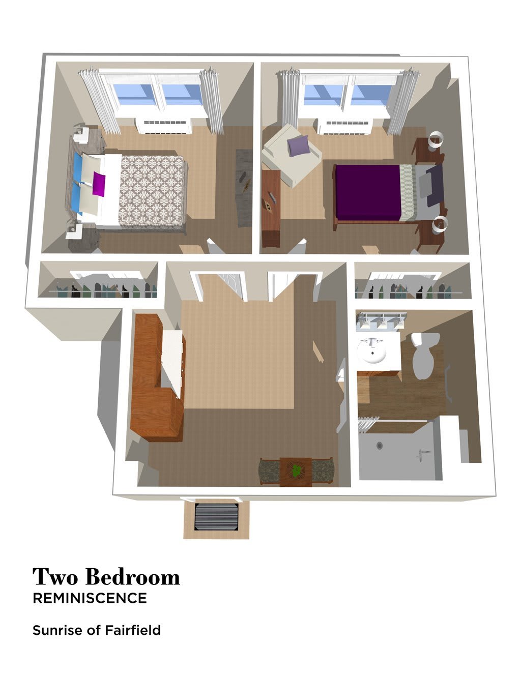 3D floor plan of a two-bedroom apartment.