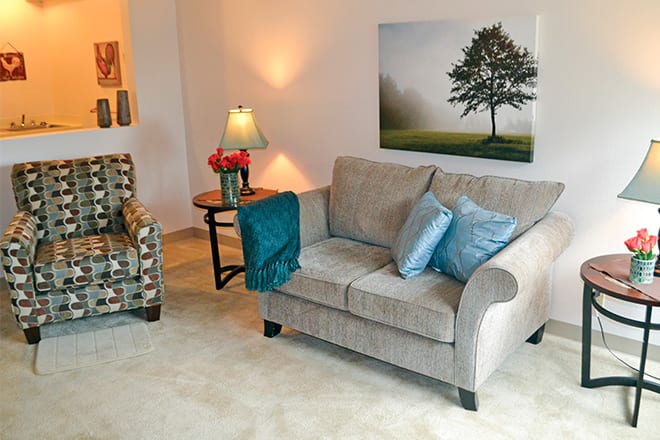 A cozy living room with a sofa, an armchair, and elegant decor.