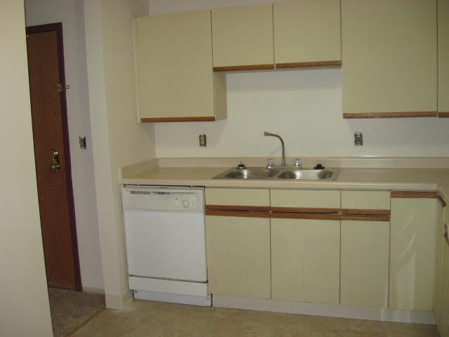 A simple kitchen setup with cabinets, a sink, and a dishwasher.