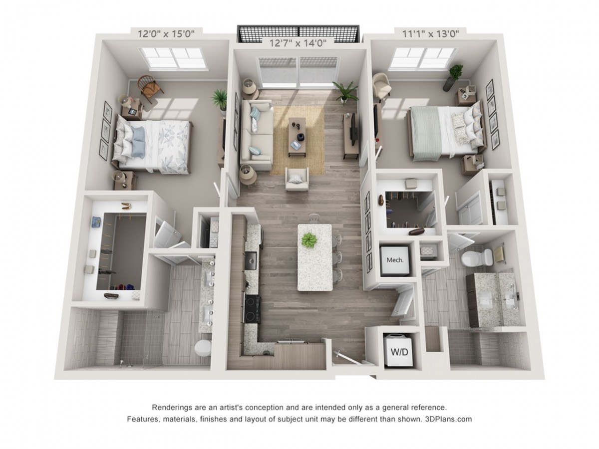 A 3D rendered floor plan showcasing a modern two-bedroom apartment with an open living space and contemporary design.