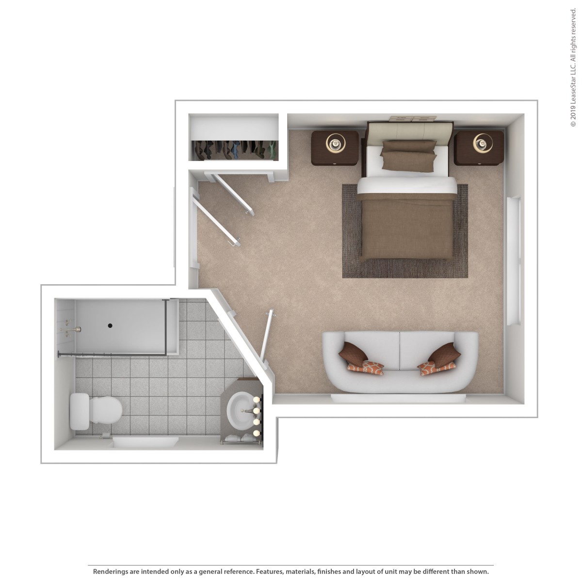 A floor plan showcasing a compact living space with an adjoining bathroom.