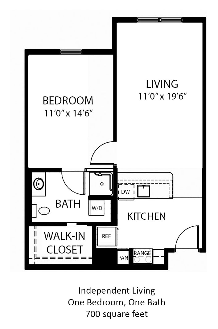 A floor plan layout of a one-bedroom apartment with living room, kitchen, bathroom, and walk-in closet.