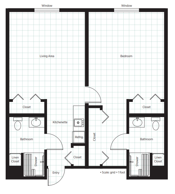Floor plan of a two-room apartment featuring living areas, closets, and bathrooms.