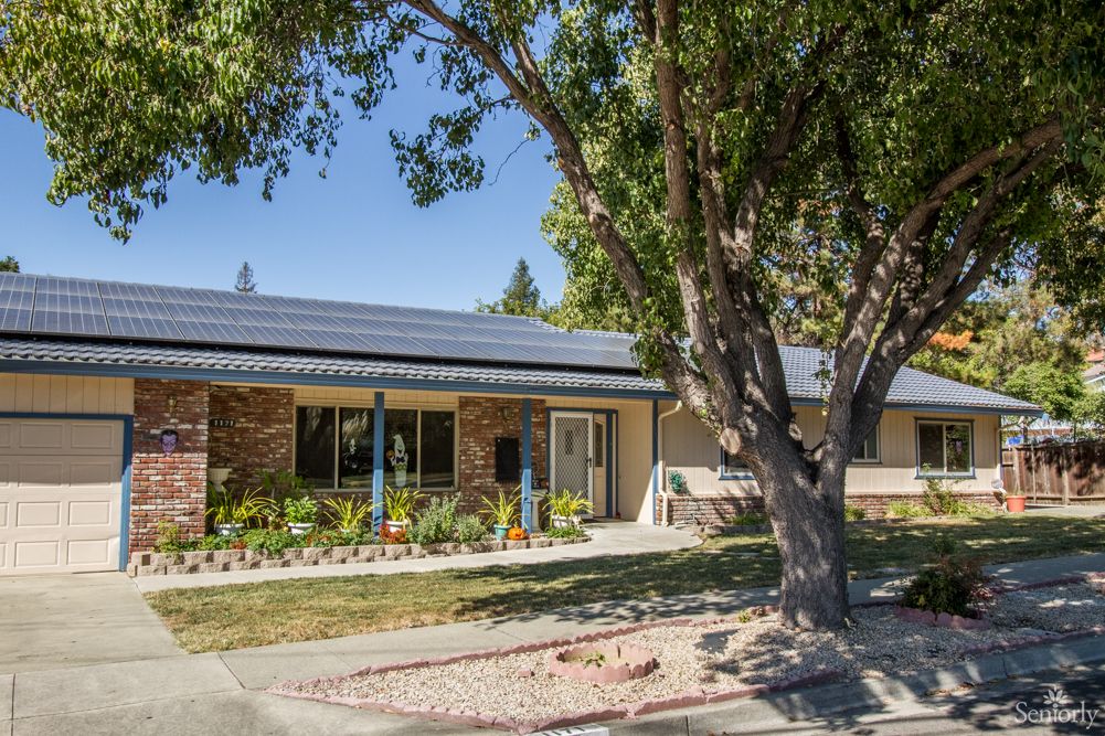 A residential house with solar panels on the roof, surrounded by trees and a landscaped garden.