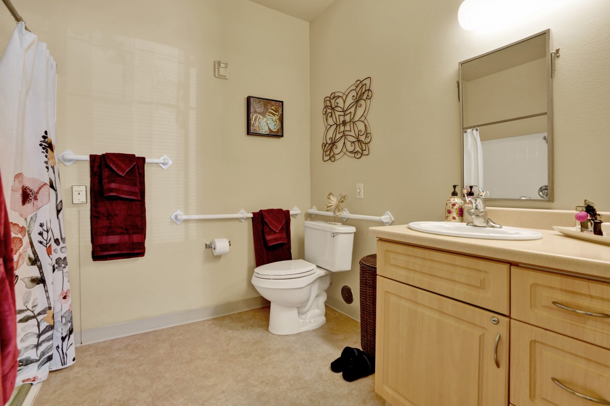 A well-kept bathroom featuring a toilet, sink, mirror, and decorative elements.