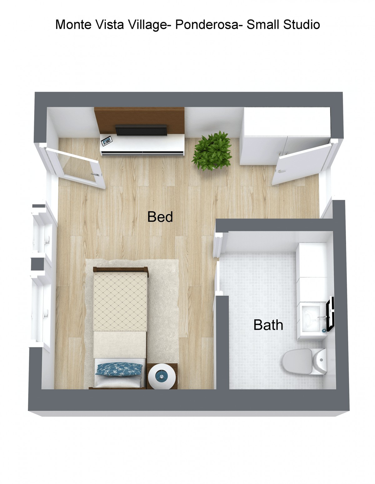 A floor plan of a compact studio apartment featuring a bedroom and bathroom.