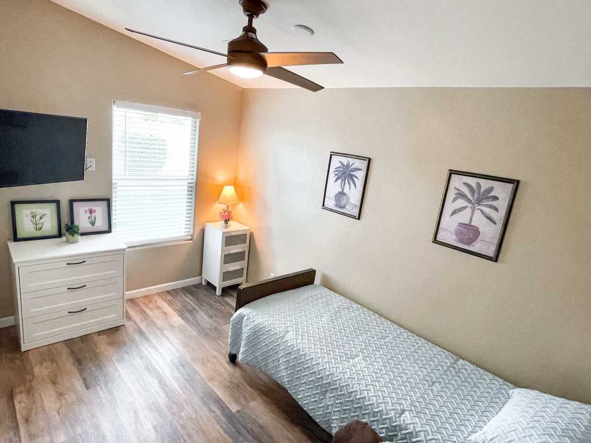 A minimalist bedroom with a single bed, ceiling fan, and natural light streaming in from the window.