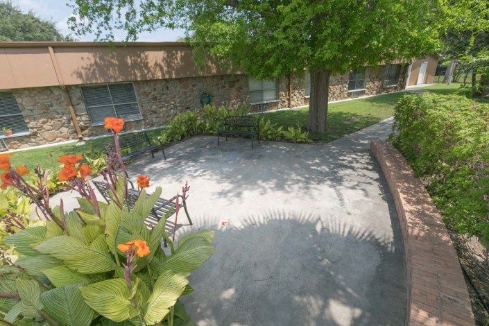 A peaceful outdoor garden area with a bench and vibrant flowers, surrounded by trees and a building.