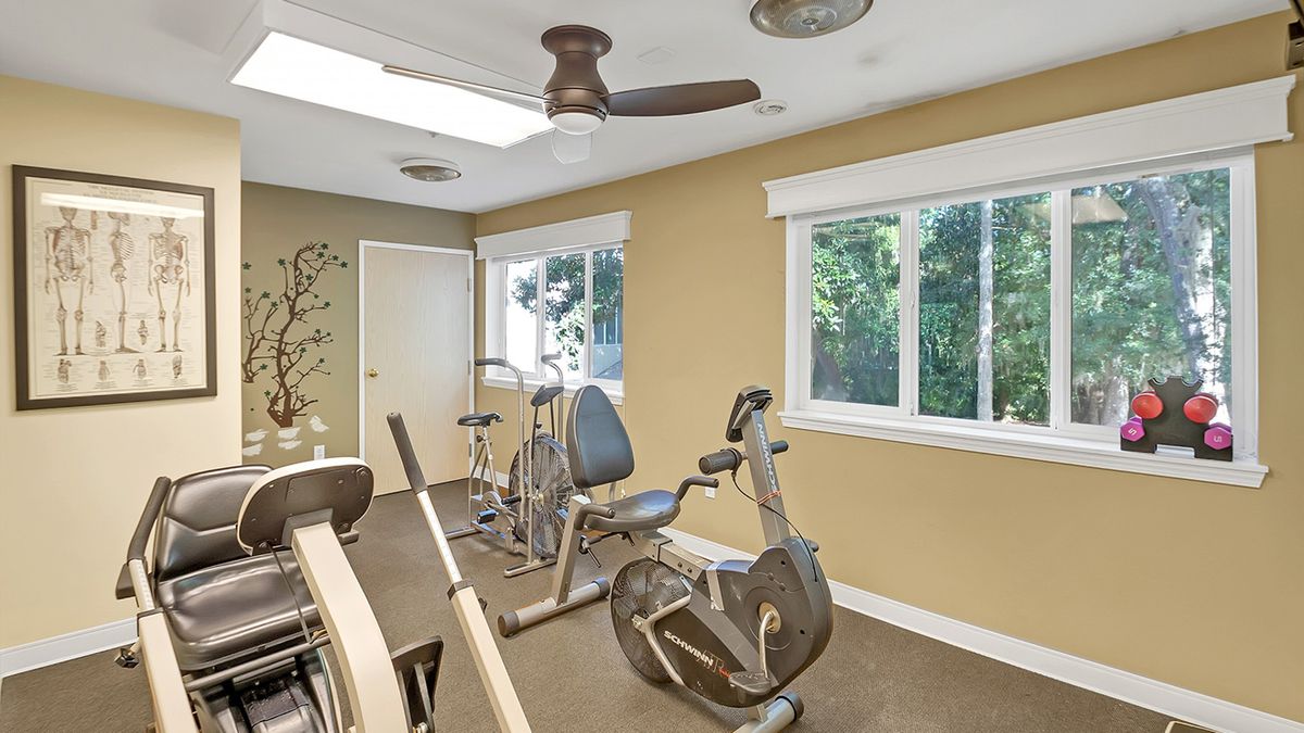 A well-lit home gym with stationary bikes and a treadmill.