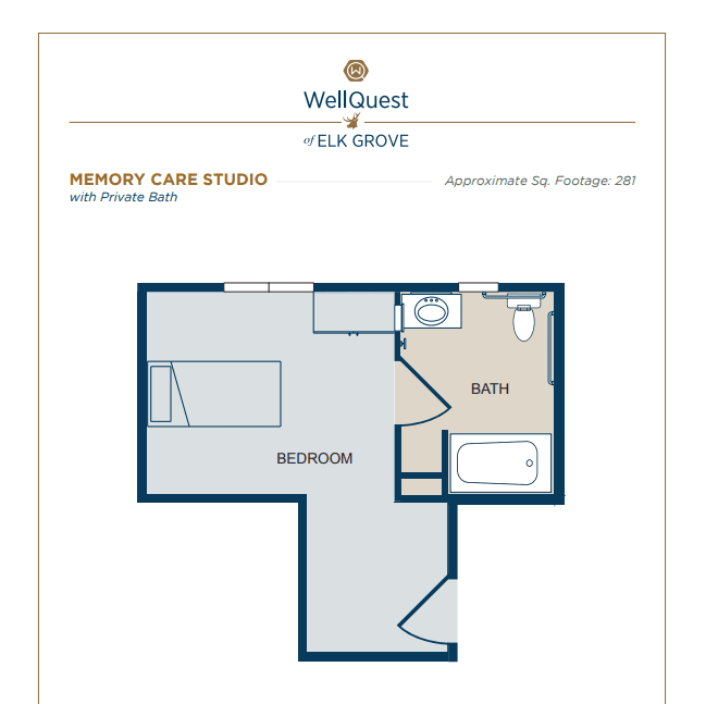 Floor plan of a memory care studio apartment with designated bedroom and bathroom areas.