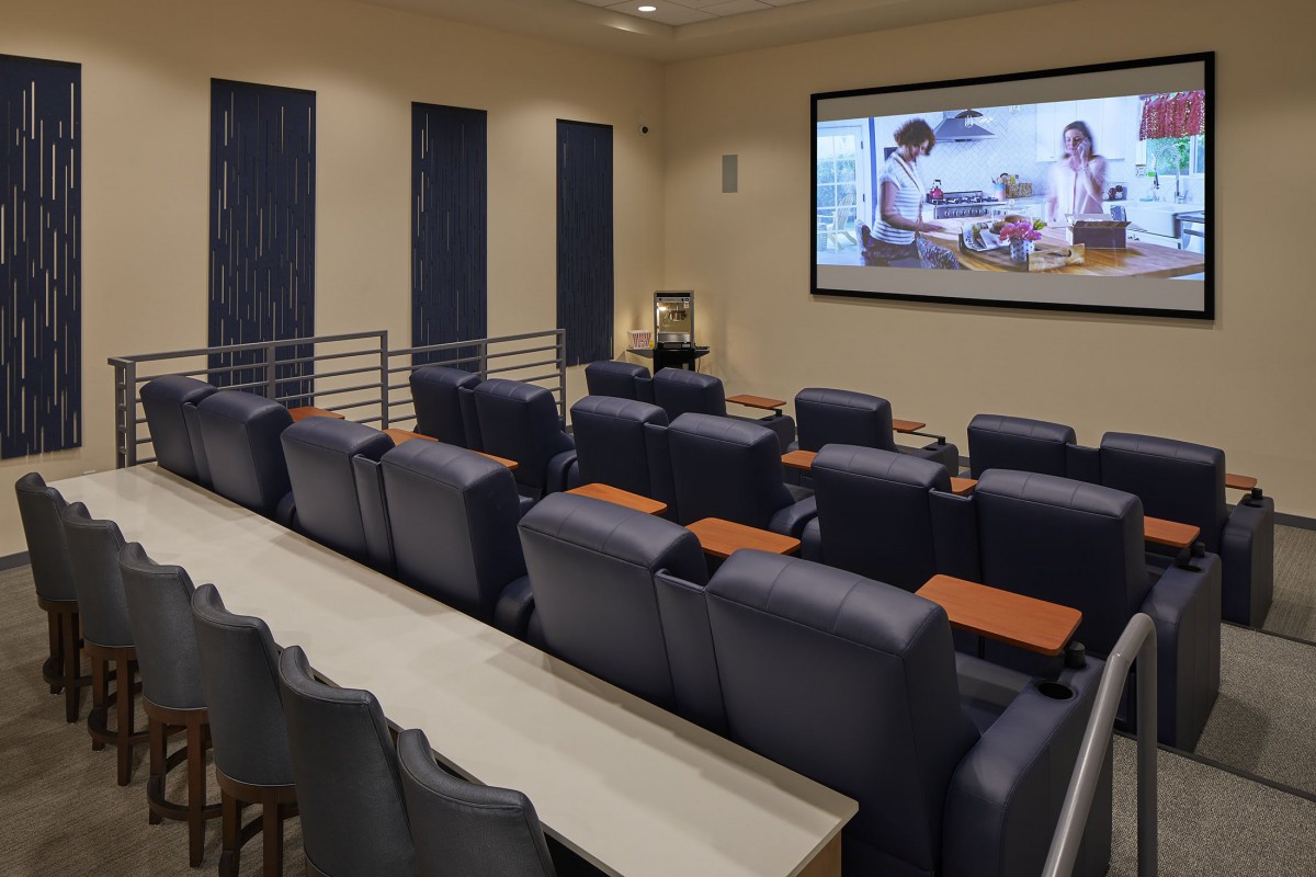 Luxurious home theater with comfortable seating and a large projector screen.
