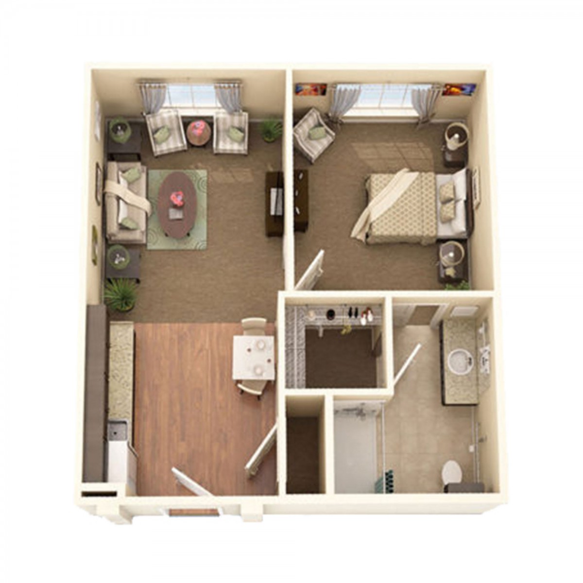 A 3D floor plan of a one-bedroom apartment with a living room, kitchen, and bathroom.