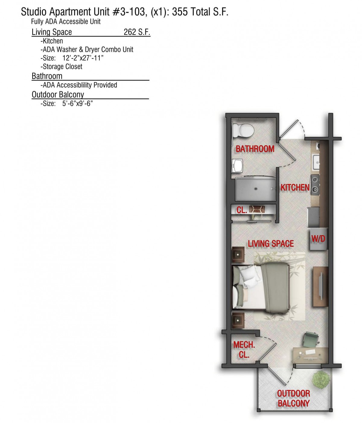 A detailed floor plan of a one-bedroom apartment with designated areas for the kitchen, living room, and bathroom.