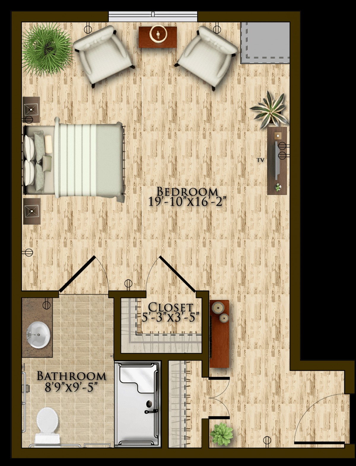 A detailed floor plan showcasing a bedroom with adjacent bathroom and closet.