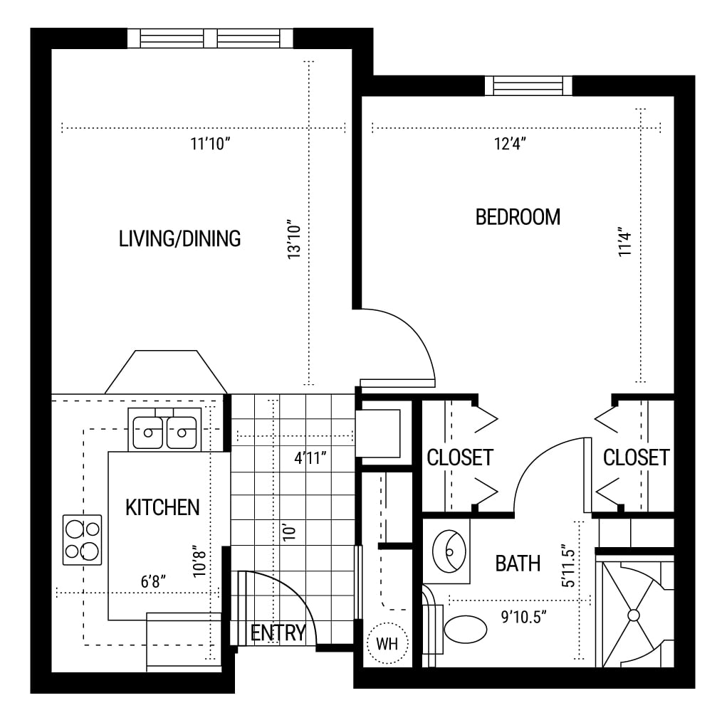 A floor plan of a one-bedroom apartment featuring a living/dining area, kitchen, bathroom, and closets.
