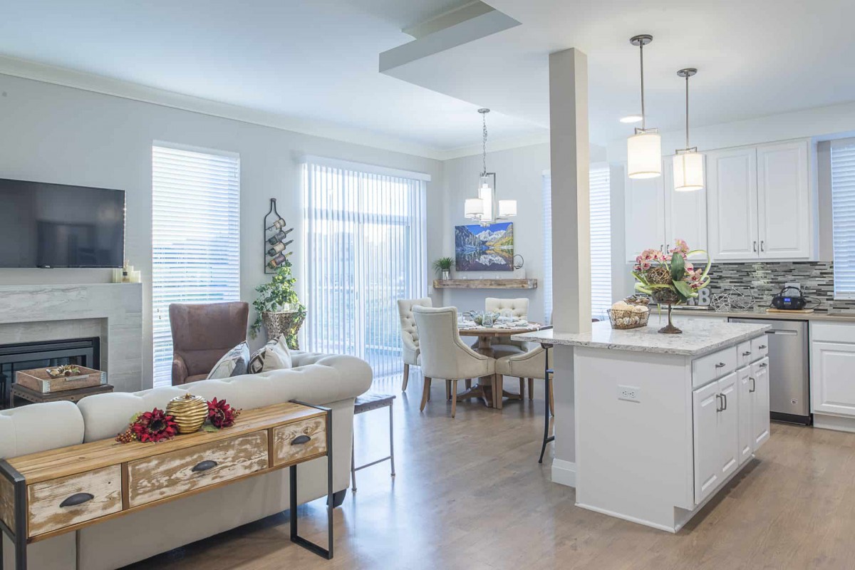 A modern open floor plan living room and kitchen with elegant decor and abundant natural light.