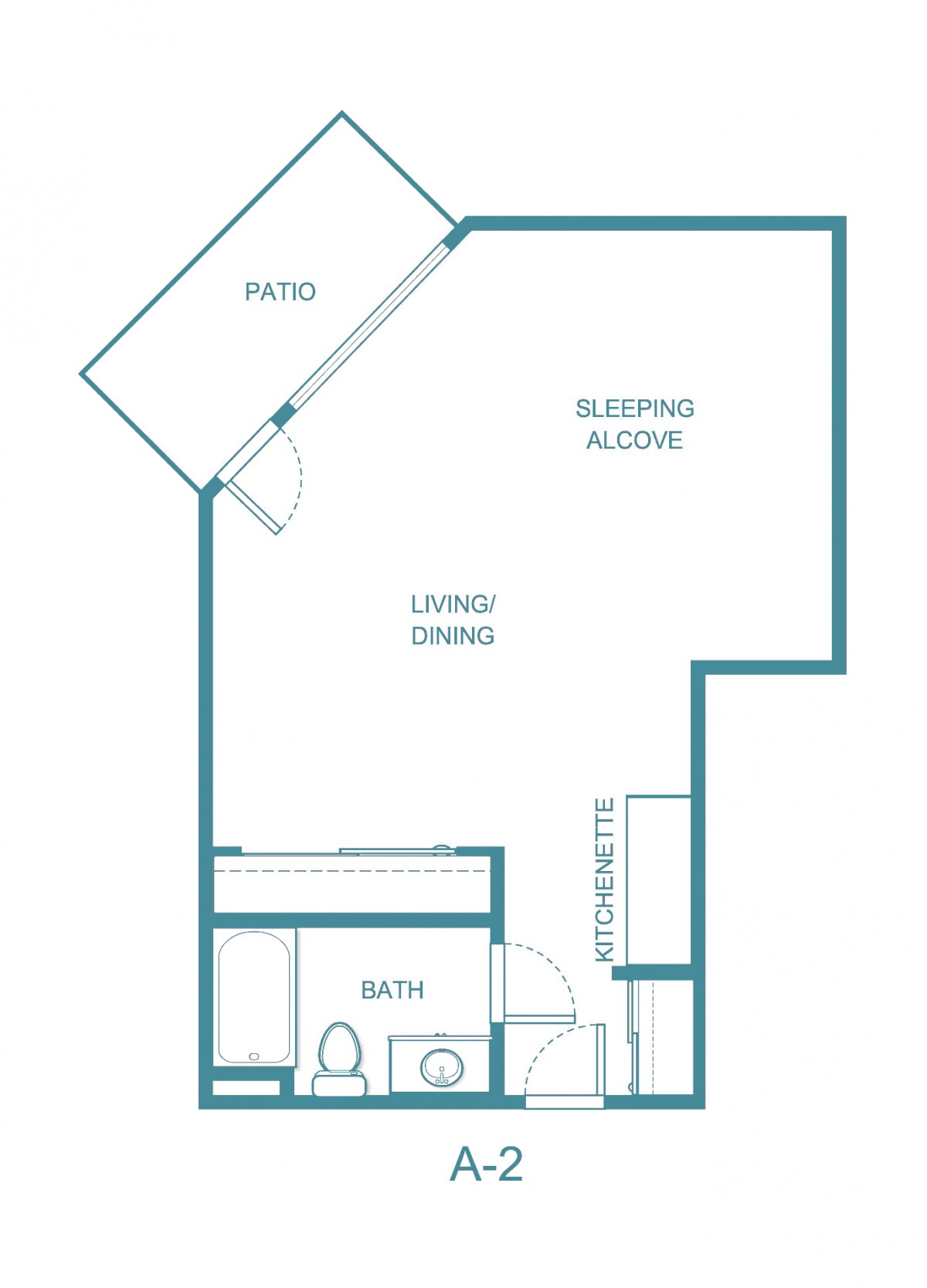 A floor plan of a studio apartment with a sleeping alcove, living space, and patio.