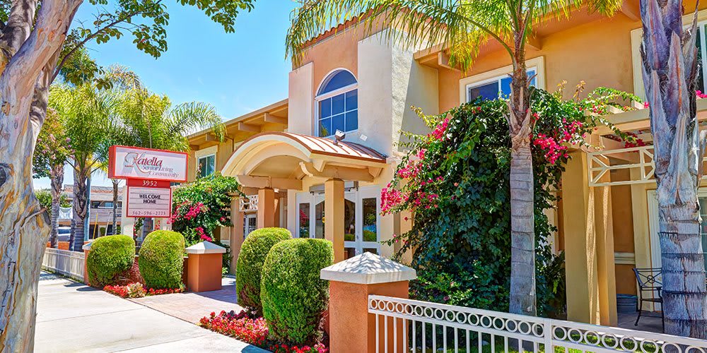 A sunny day view of a well-maintained building entrance, surrounded by lush greenery and colorful flowers.