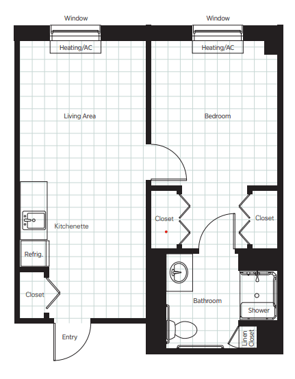 A floor plan of an apartment with a living room, bedroom, kitchen, and bathroom.
