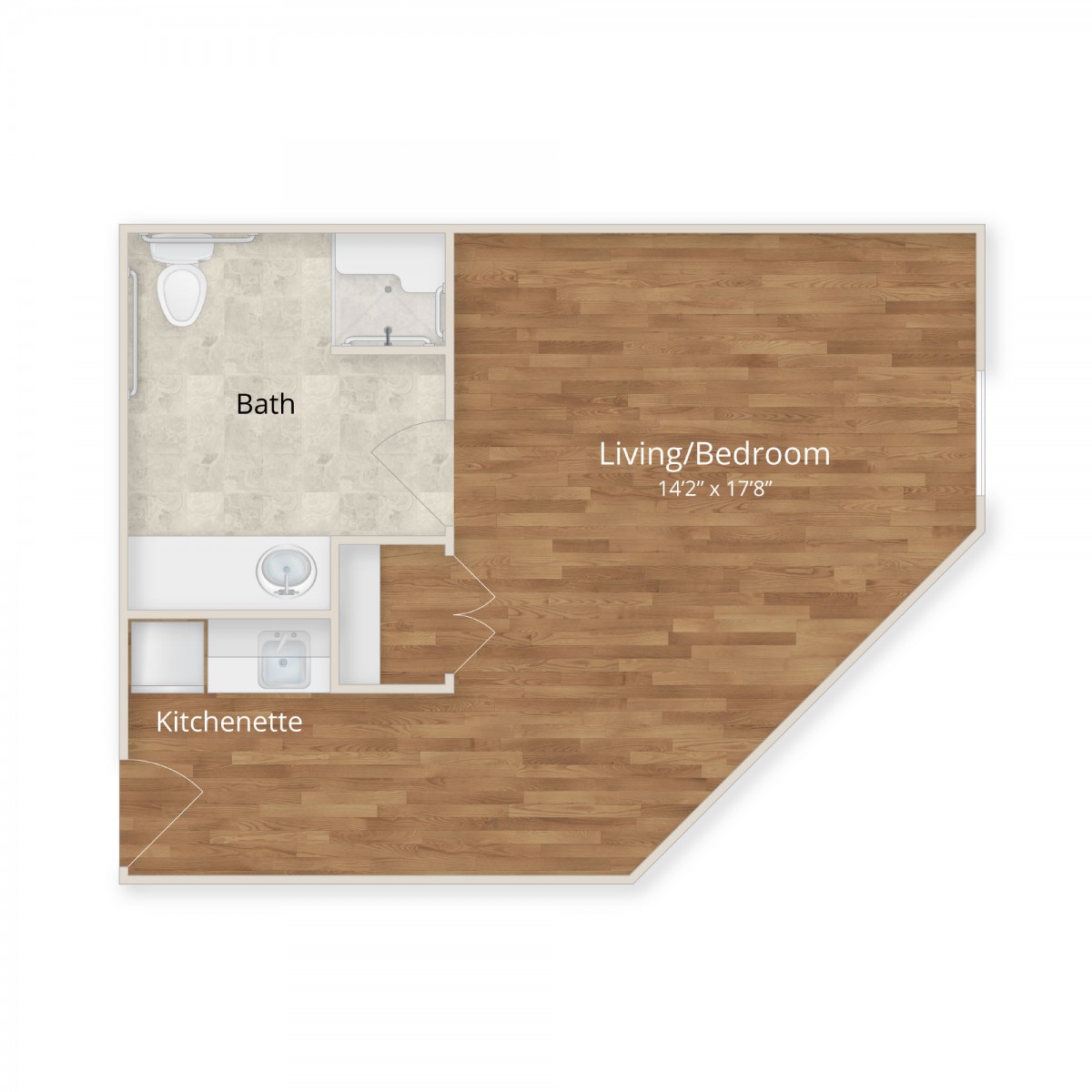 A floor plan featuring a combined living room and kitchen area.