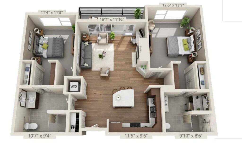 A 3D floor plan of a modern two-bedroom apartment with open living and kitchen areas.