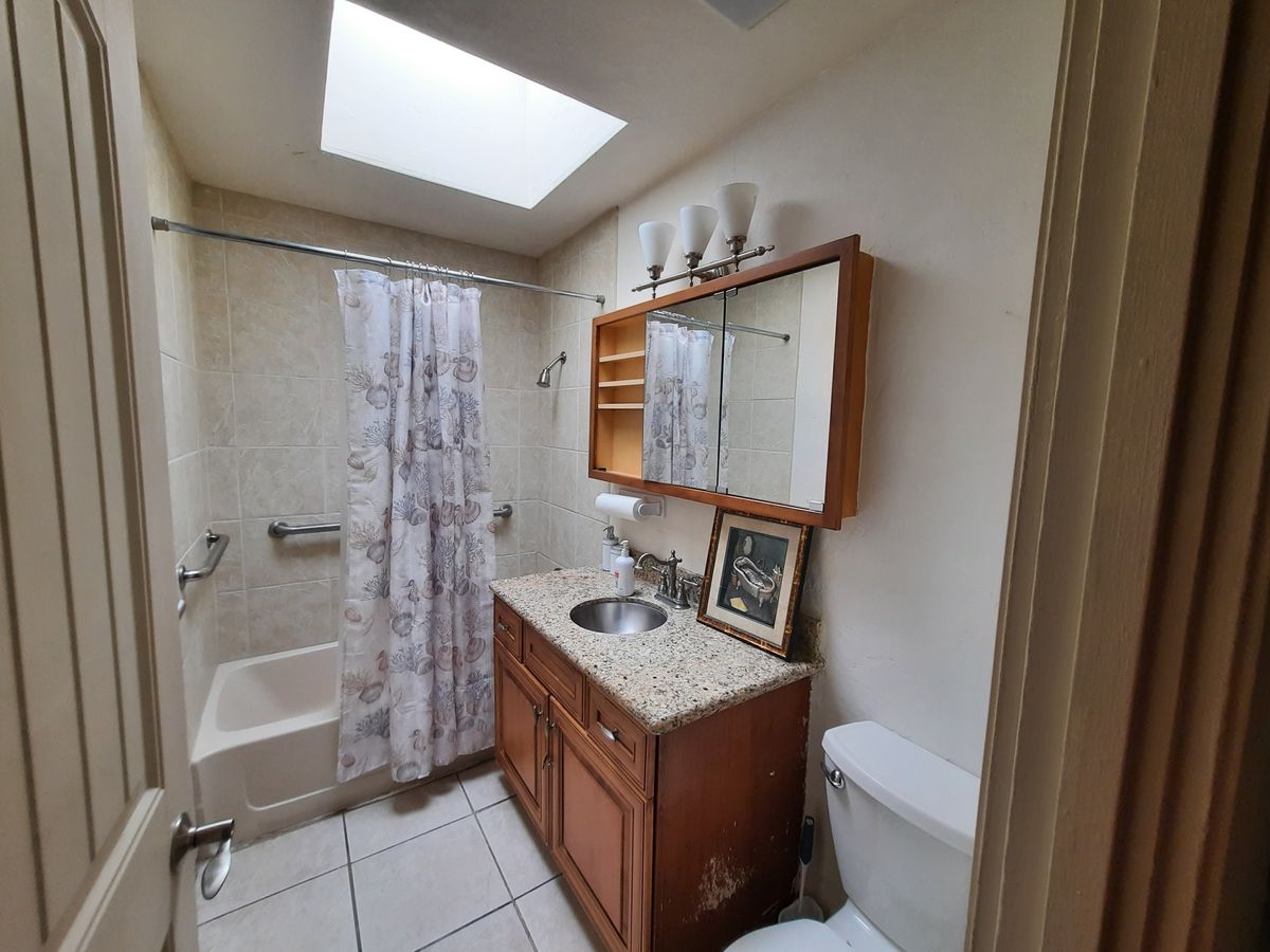 A cozy bathroom with a skylight, featuring a vanity with a mirror, a toilet, and a shower area with a curtain.
