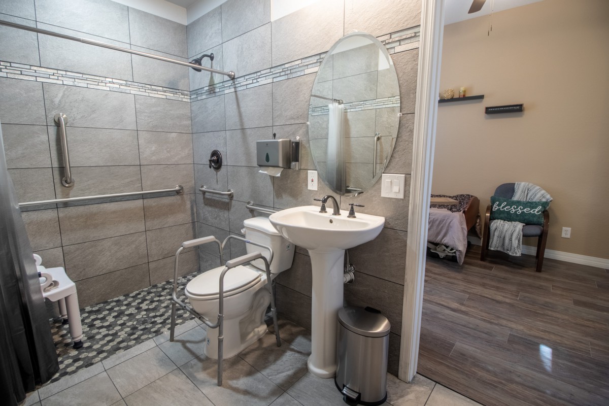 A modern, accessible bathroom featuring a shower with grab bars, a toilet with support rails, and a pedestal sink with a mirror.