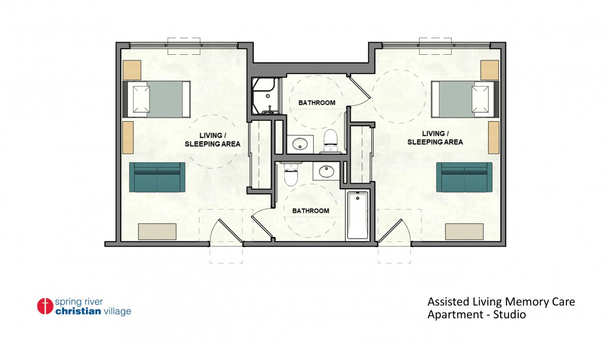Assisted living apartment floor plan showing layout with two living/sleeping areas and bathrooms.