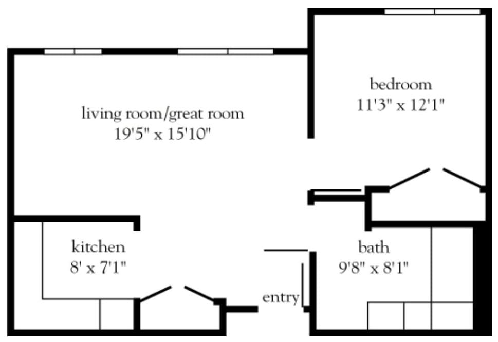 A floor plan showing the layout and dimensions of a home, including a living room, bedroom, kitchen, and bathroom.