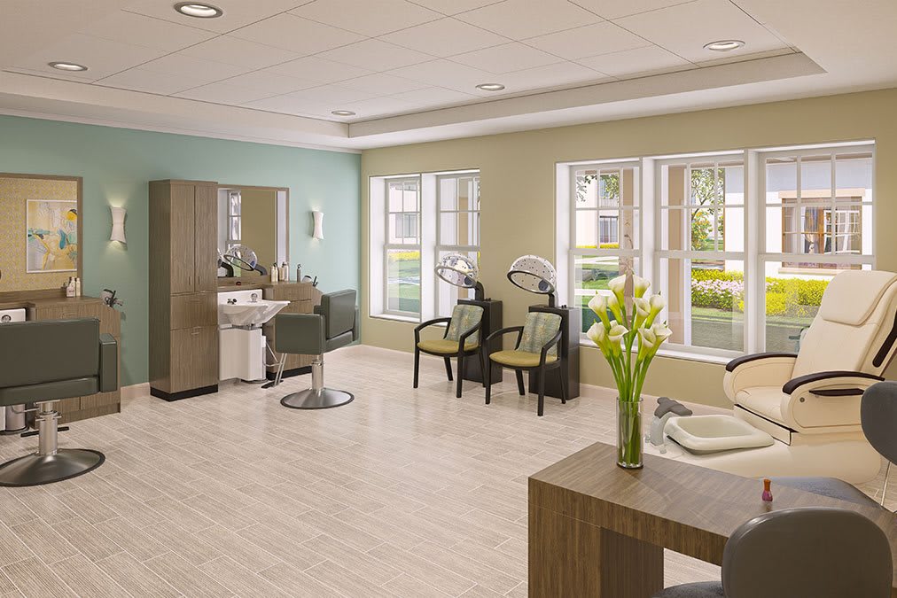 A modern and spacious hair salon with stylish interior design, featuring chairs, mirrors, and large windows.