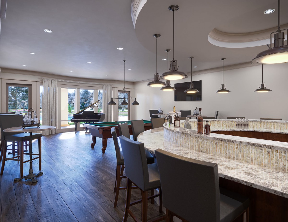 Modern home bar area featuring a pool table, piano, and stylish lighting design.