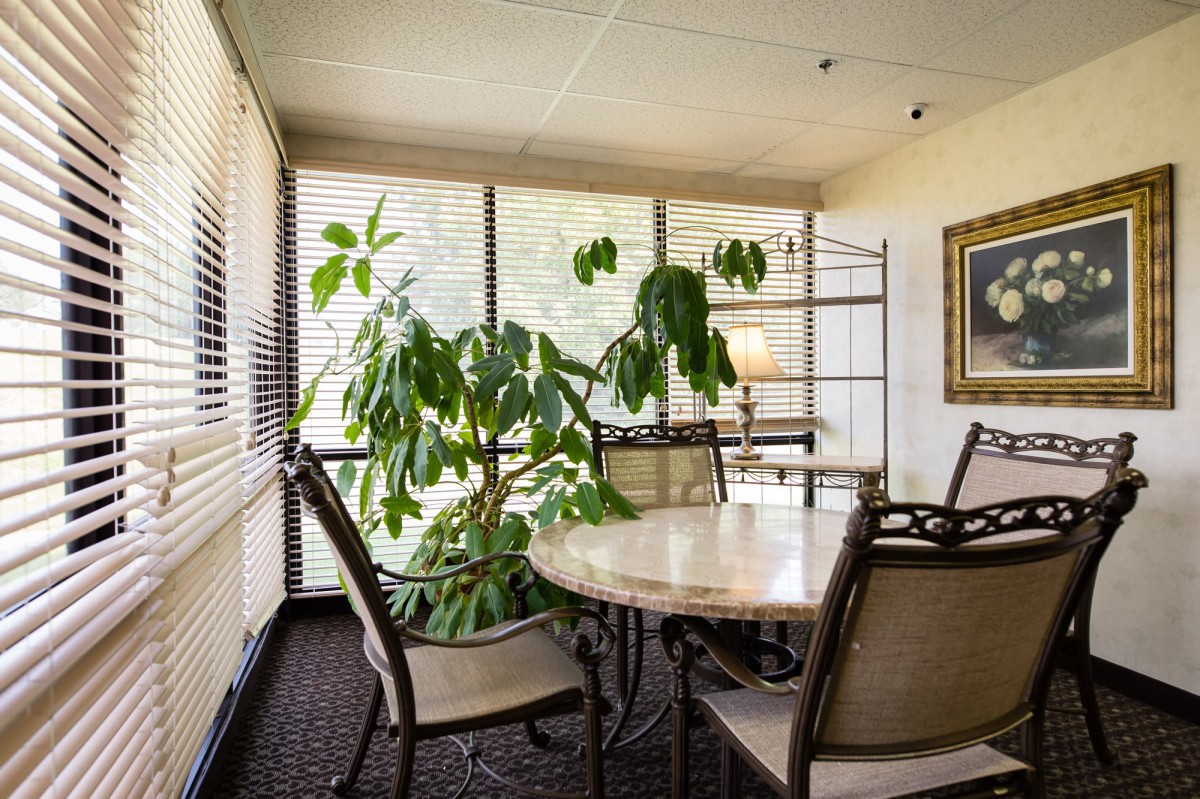 A cozy meeting room with a round table, surrounded by chairs and lush indoor plants near large windows.