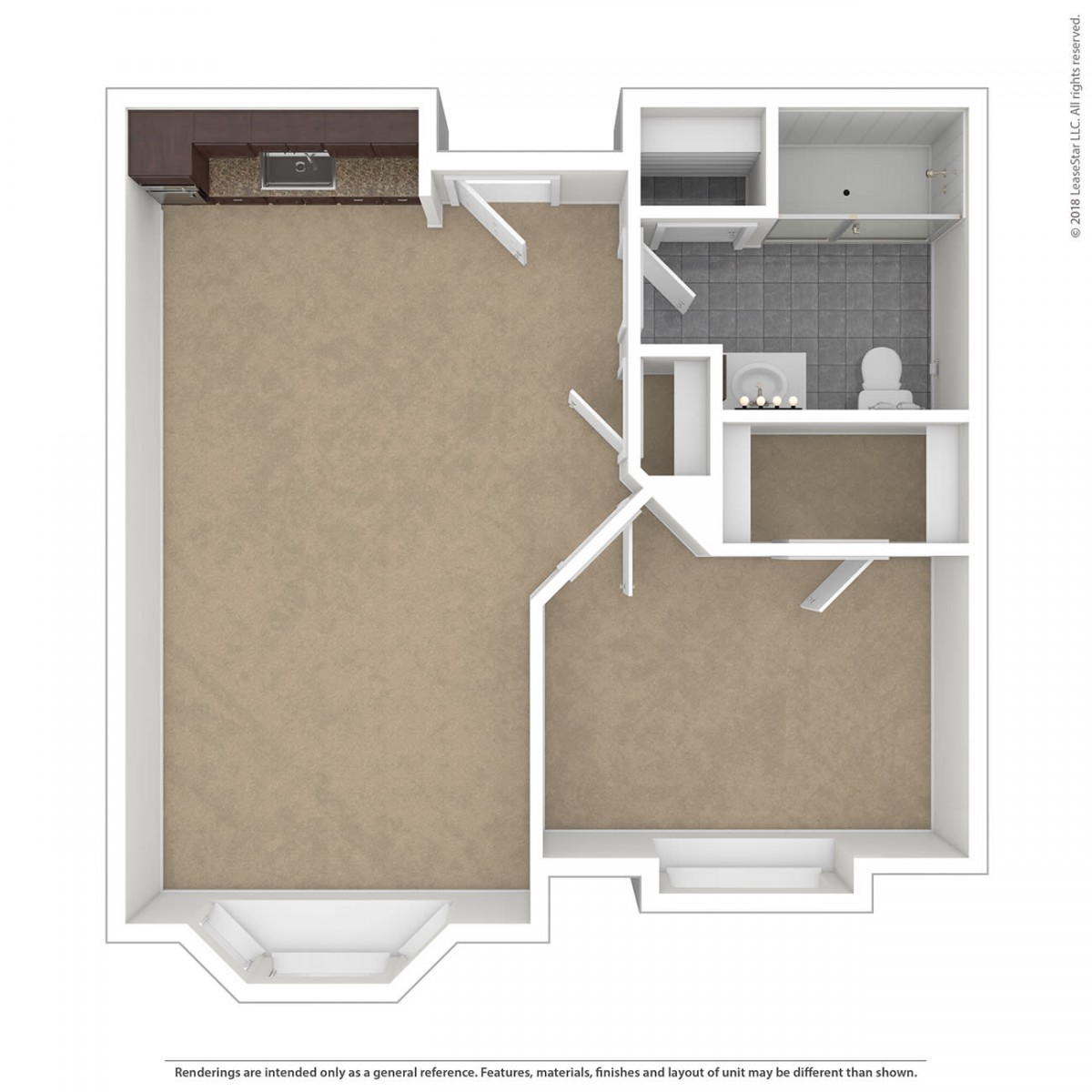 A floor plan of a studio apartment layout, showcasing the room design with a combined living and sleeping area, kitchen, and bathroom.