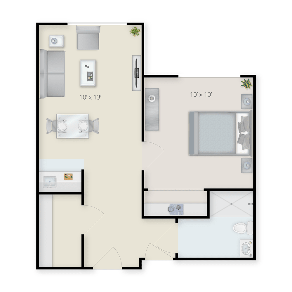 A detailed floor plan of a one-bedroom apartment showcasing the layout of rooms.