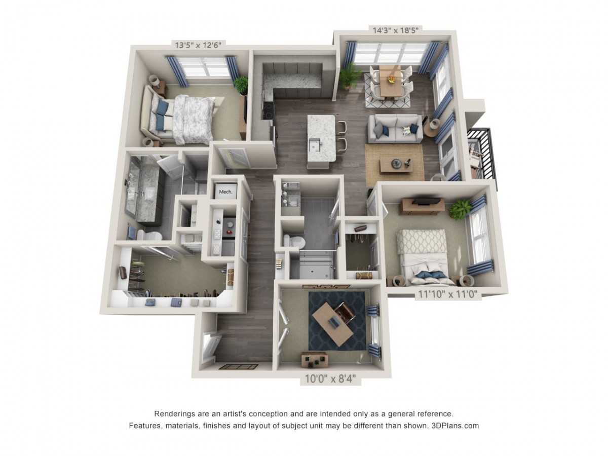 A 3D rendered floor plan of a modern apartment with multiple rooms and an open living area.