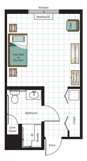 This image is a floor plan showcasing a bedroom and bathroom layout.
