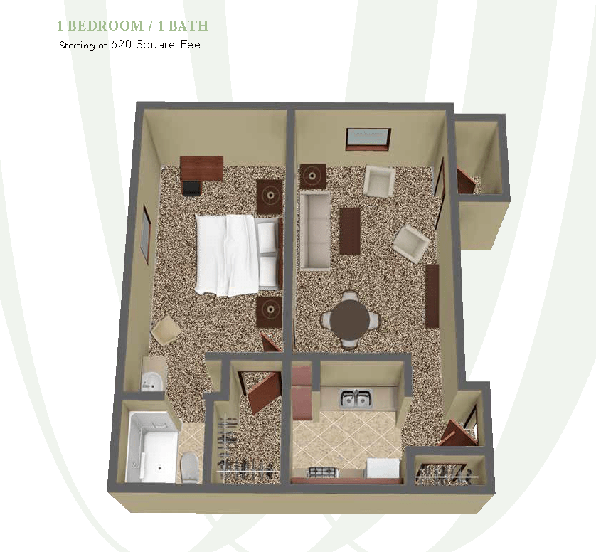A detailed floor plan of a one-bedroom apartment featuring a living room, kitchen, and bathroom.